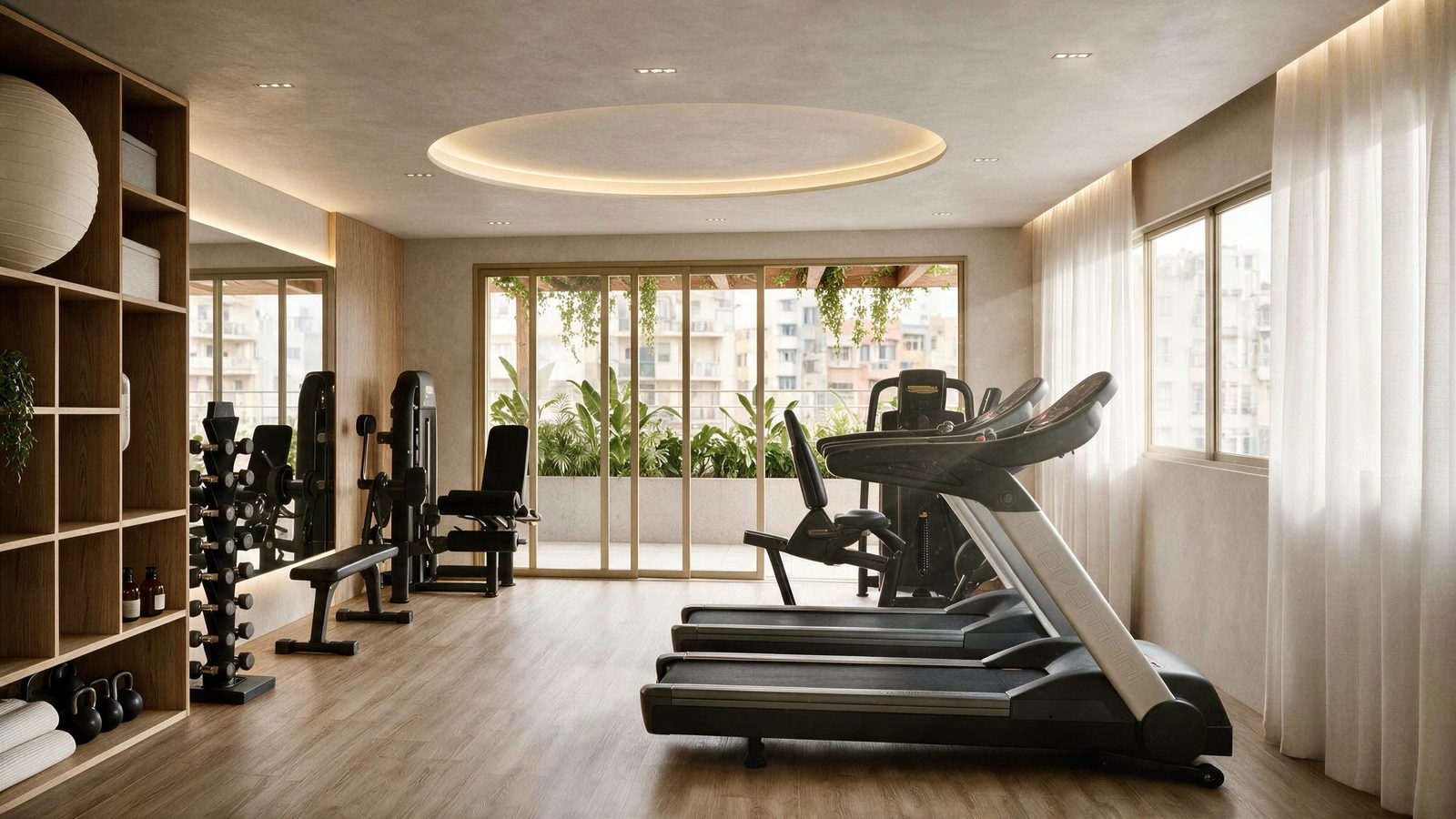 Espaço fitness do Sansa Living com esteiras e equipamentos