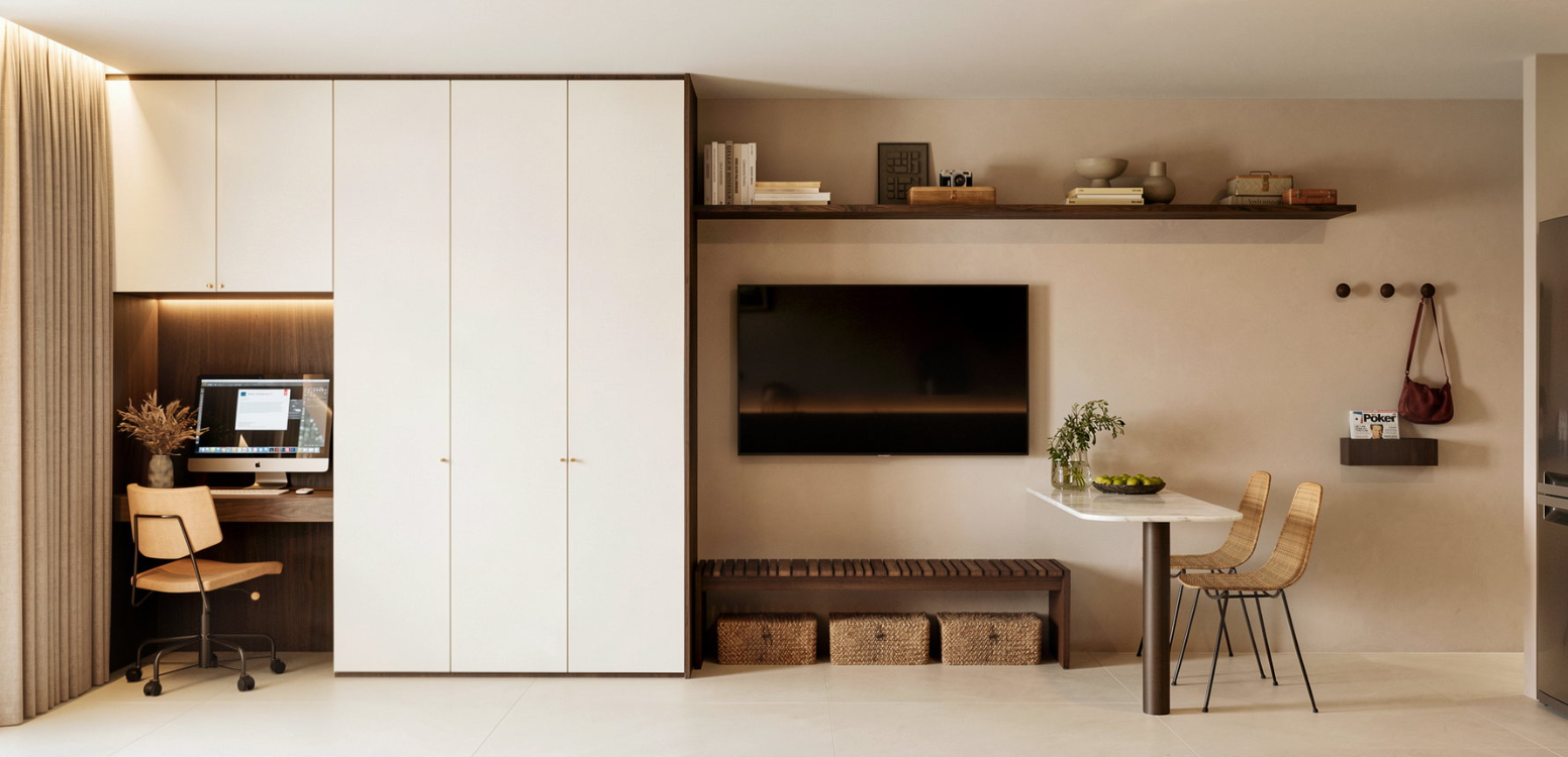 Home office integrado no Sansa Living com armários e estação de trabalho