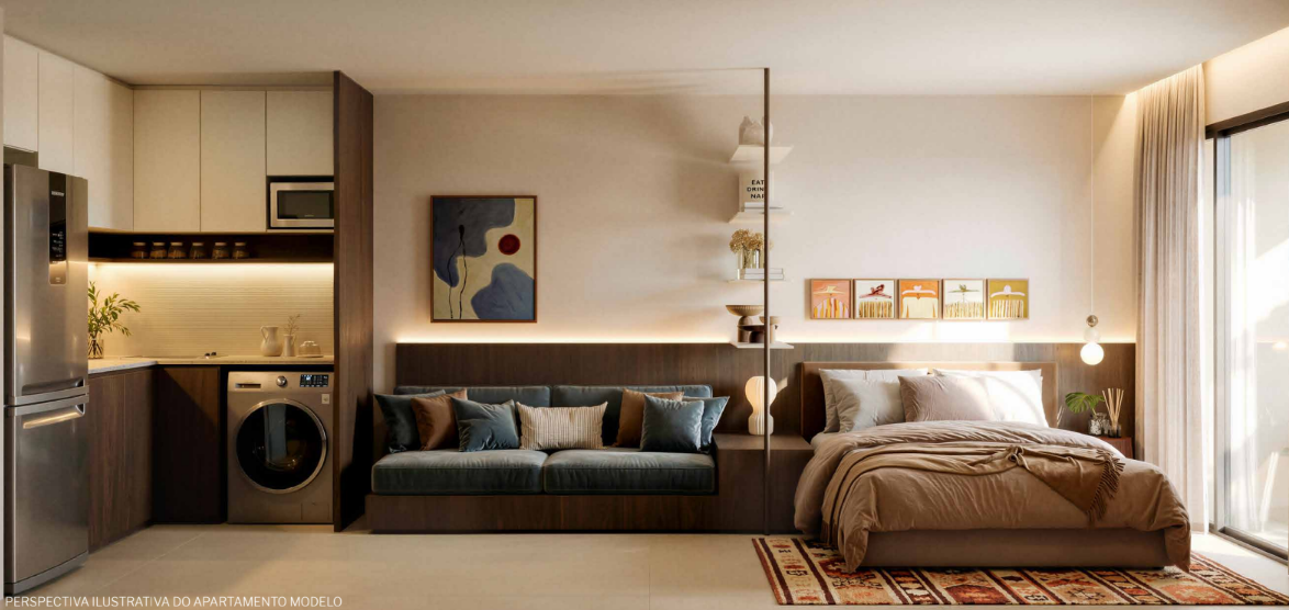 Sala de studio no Sansa Living com cozinha integrada, sofá e cama