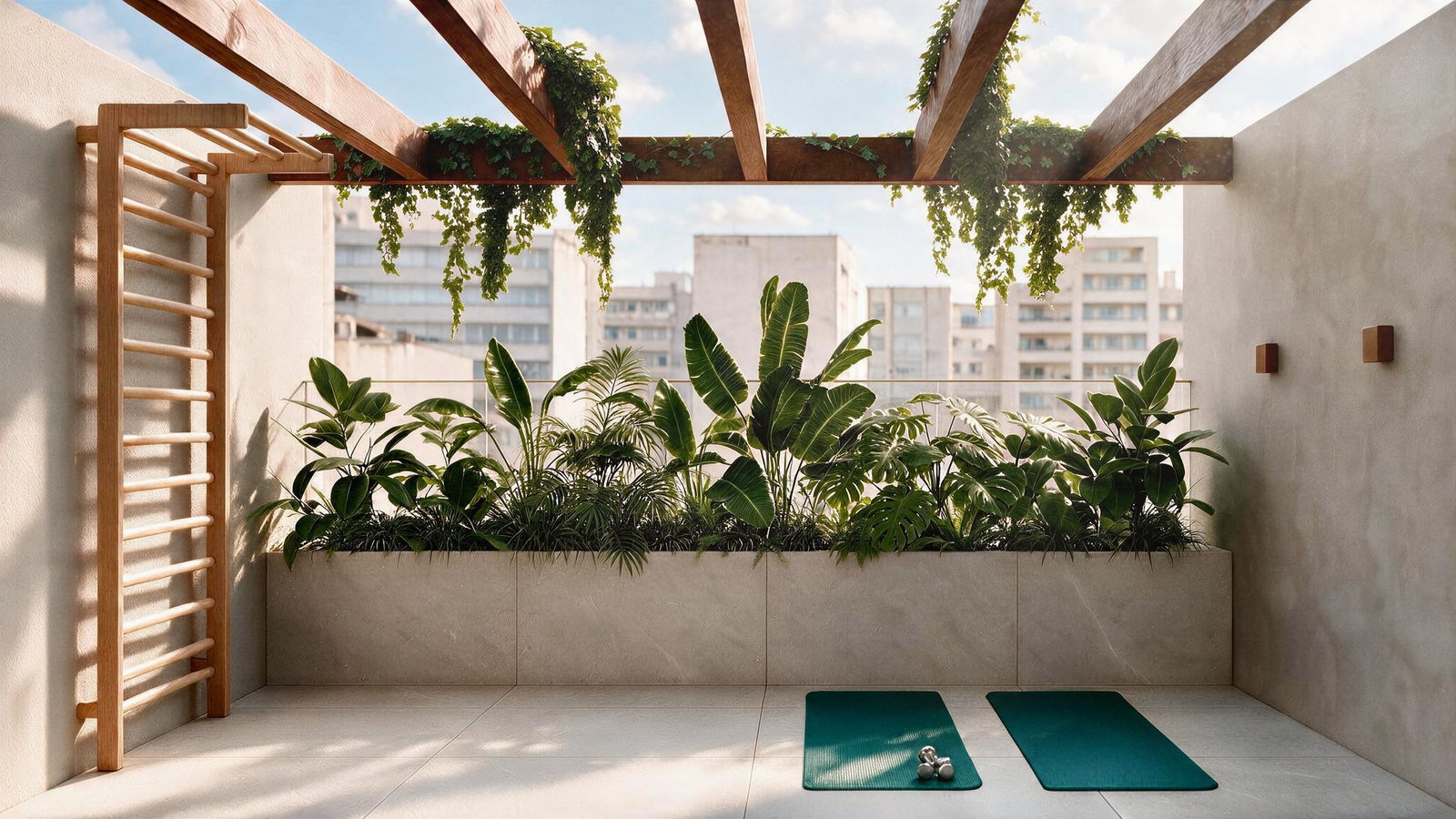 Espaço zen ao ar livre com pergolado e vegetação no Sansa Living