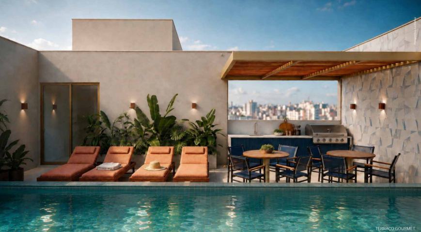Piscina do Sansa Living com espreguiçadeiras e área gourmet