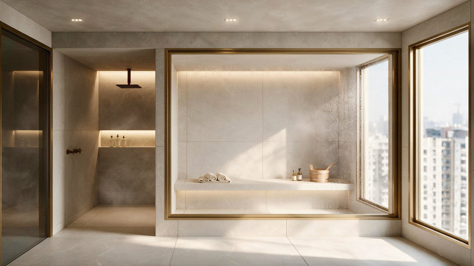 Sauna do Sansa Living com acabamento claro e iluminação indireta