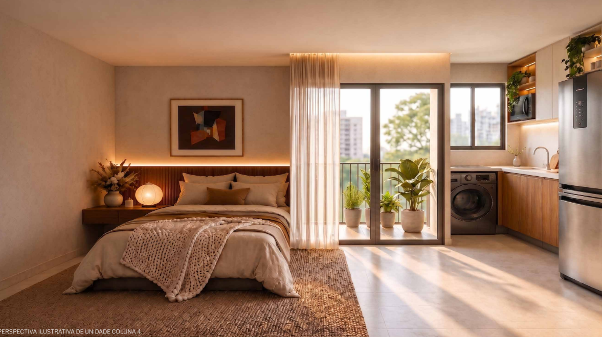 Suíte ampla no Sansa Living com cama king size e varanda