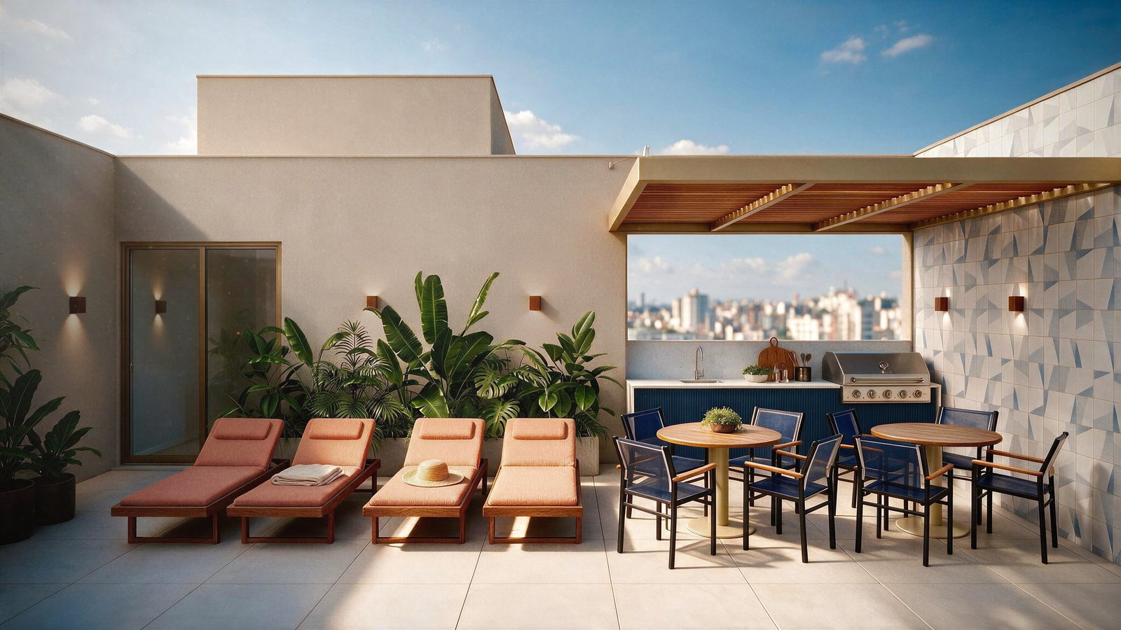 Terraço gourmet do Sansa Living com churrasqueira e mesas ao ar livre