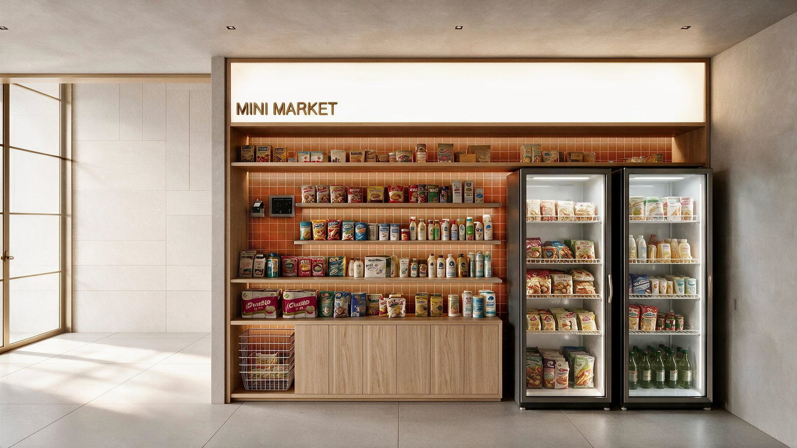 Mini market do Sansa Living com prateleiras de conveniência