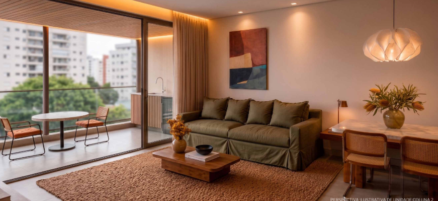 Sala de estar de apartamento de 2 quartos no Sansa Living com varanda